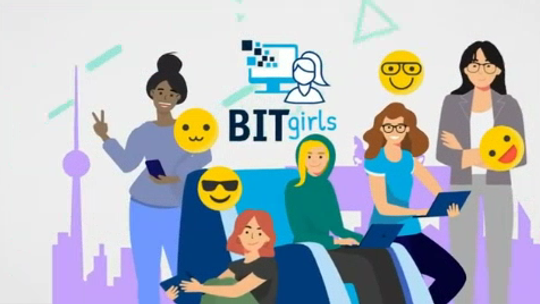 Thumbnail_Bitgirls / Weibliche Animationsfiguren posieren. Emojis sind auf dem Bild zu sehen. 